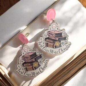 Book Lover Acrylic Drop Earrings with Pink Tops